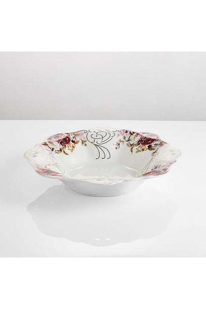Bol fructieră porțelan model floral vintage, margini dantelate, diametru 33 cm