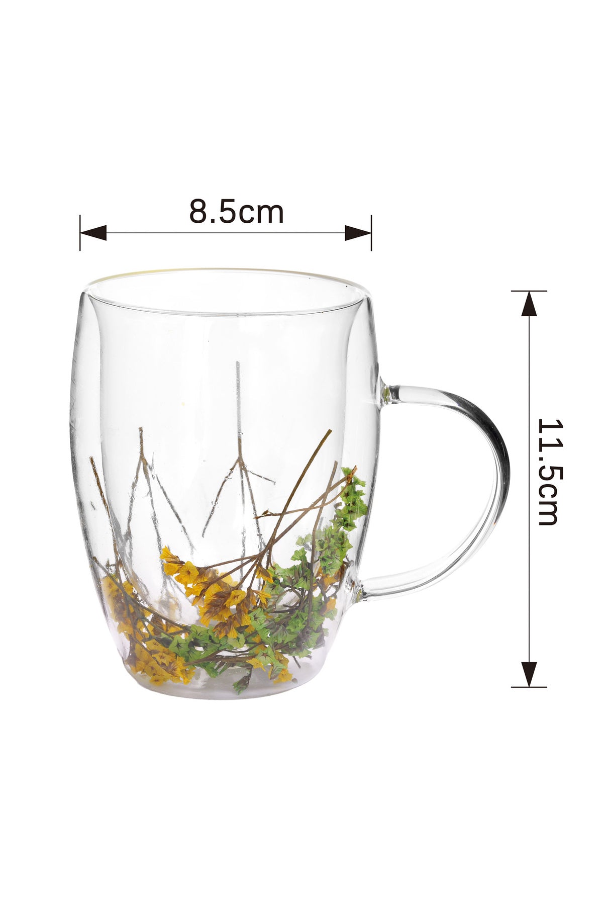 Cană din Sticlă cu Pereți Dubli "Cora" cu Flori Uscate Galbene Naturale – 350 ml