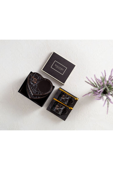Set de 2 cești cu 2 farfurioare Inimă și 2 lingurițe, porțelan, 200 ml - Negru