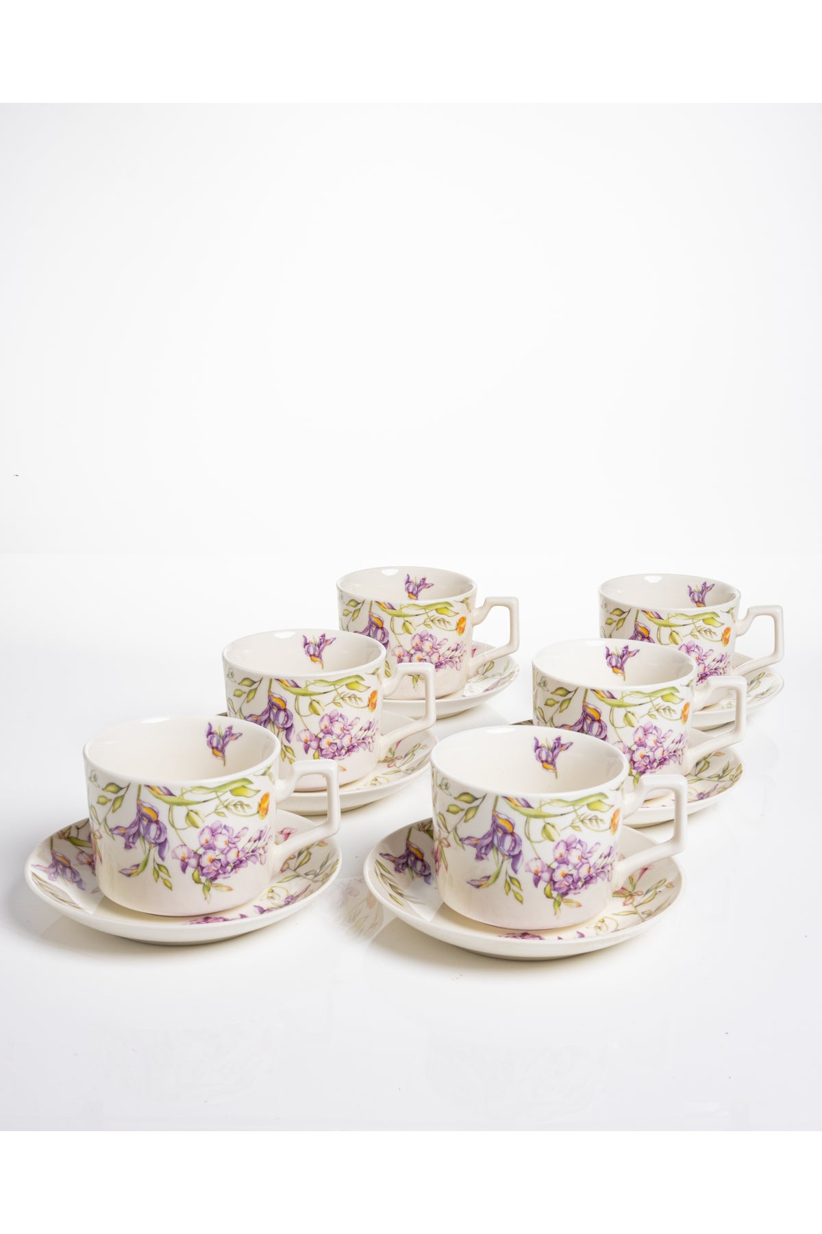 Set 6 cești cafea Iris – porțelan floral cu iris violet, 12 piese cu farfurioare