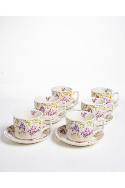 Set 6 cești cafea Iris – porțelan floral cu iris violet, 12 piese cu farfurioare