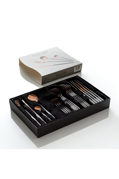 Set tacâmuri 24 piese inox 18/10, rose gold cu mâner alb, 6 persoane