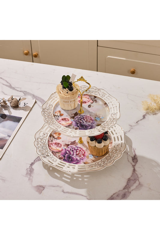 Platou etajat 2 niveluri porțelan, model floral vintage, platouri rotunde