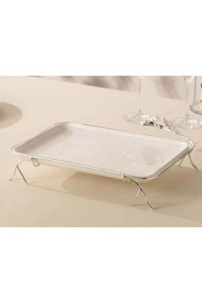 Platou Servire din porțelan alb cu Suport Metalic argintiu - 32.7 cm