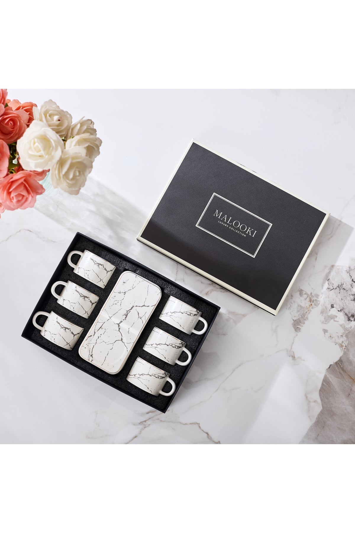 Set 6 cești espresso din porțelan cu farfurioare dreptunghiulare pentru servire, 90 ml - Alb