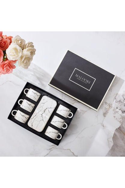 Set 6 cești espresso din porțelan cu farfurioare dreptunghiulare pentru servire, 90 ml - Alb