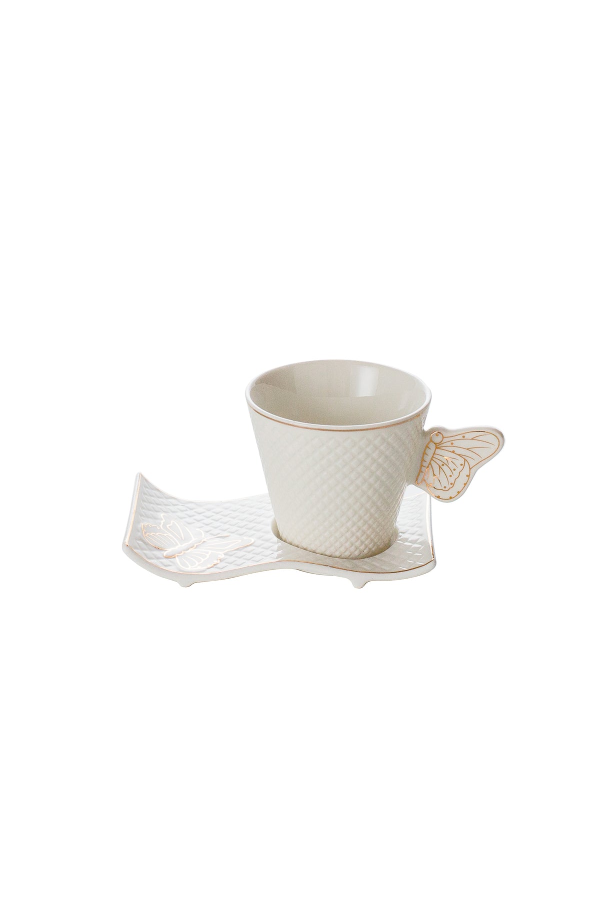 Set 6 Cești de cafea cu 6 farfurii ondulate, 180 ml, Porțelan – Model Fluture - Auriu
