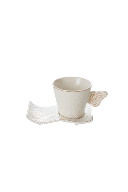 Set 6 Cești de cafea cu 6 farfurii ondulate, 180 ml, Porțelan – Model Fluture - Auriu