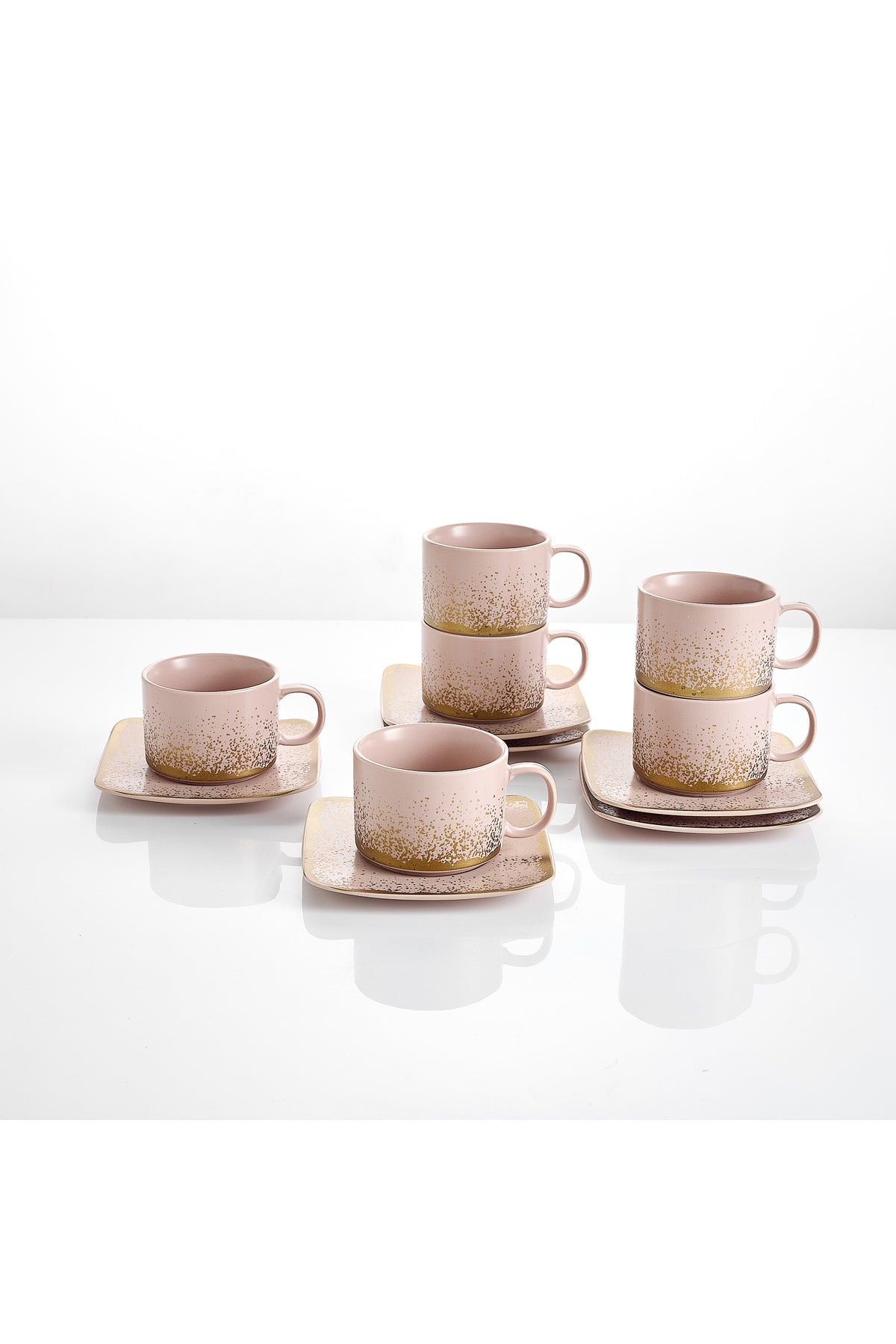 Set de 6 cești cu 6 farfurioare, 180 ml - Roz pal - Snowing Collection