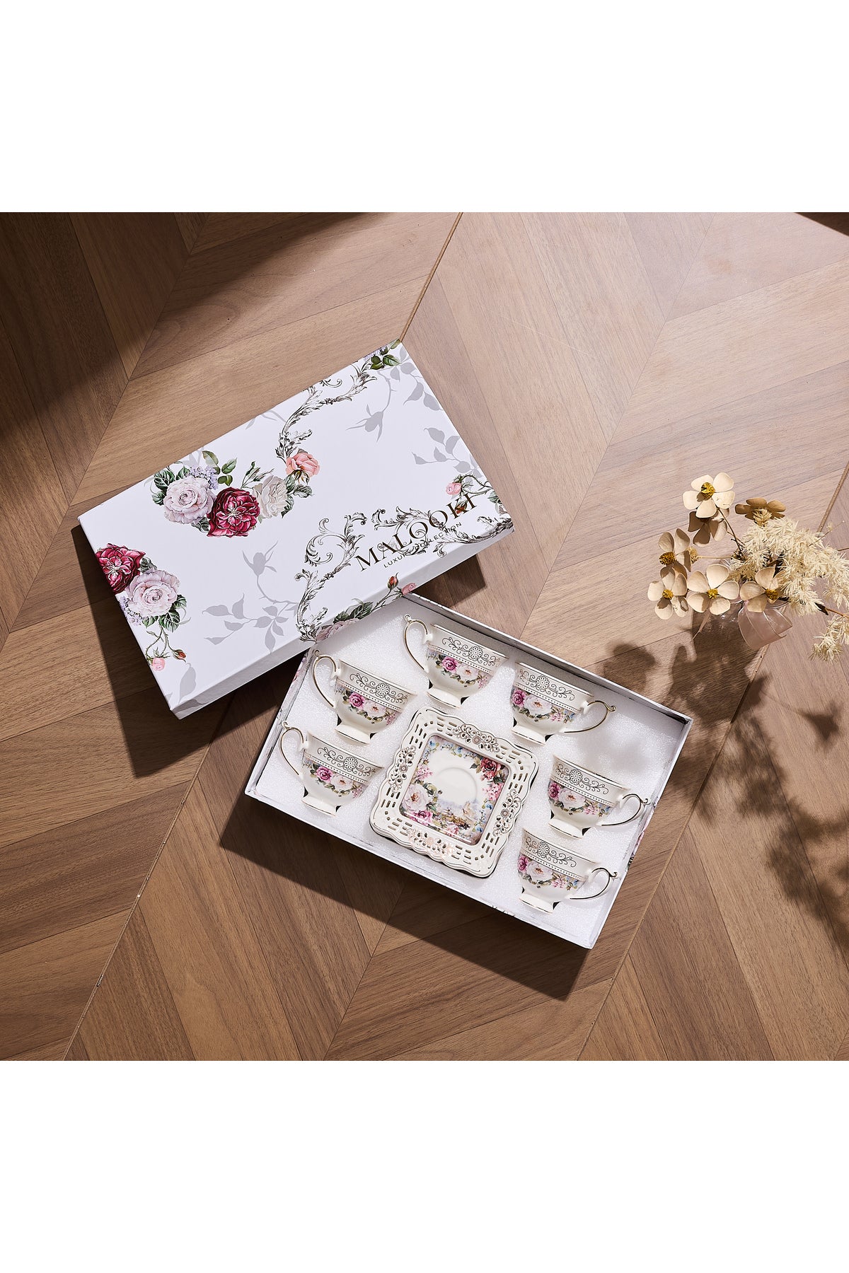 Set 6 cești espresso cu 6 farfurioare porțelan 90 ml – cești cafea model floral elegant