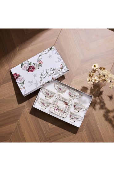 Set 6 cești espresso cu 6 farfurioare porțelan 90 ml – cești cafea model floral elegant