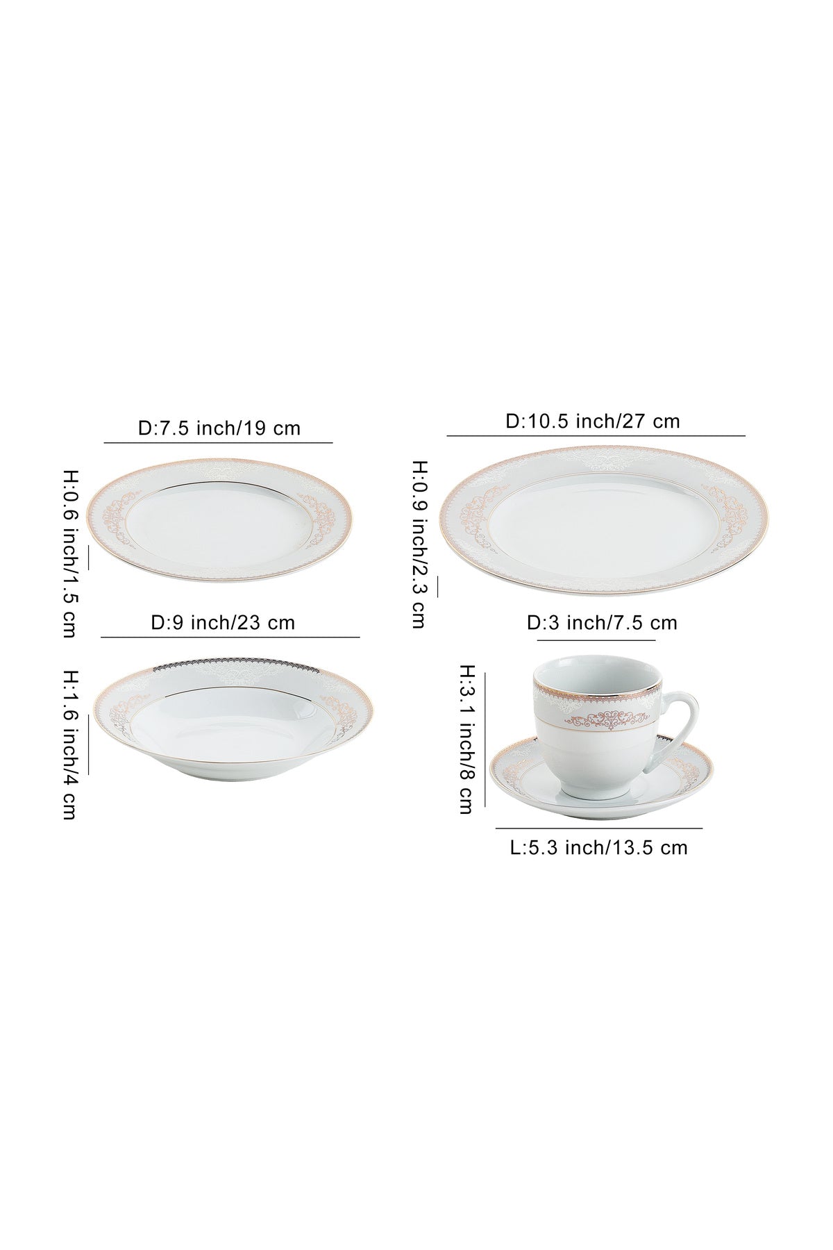 Serviciu de Masă 6 persoane Silver & Gold Filigree din Porțelan , 30 piese, Design Baroc Bicolor