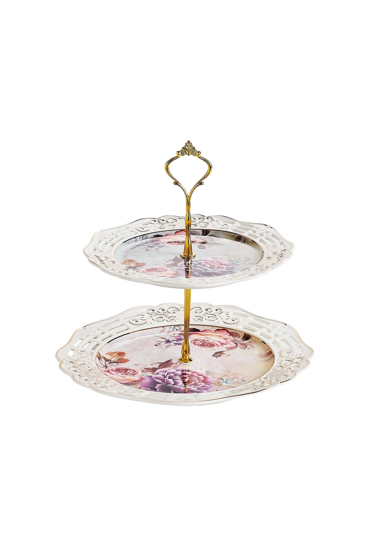 Platou etajat 2 niveluri porțelan, model floral vintage, platouri rotunde