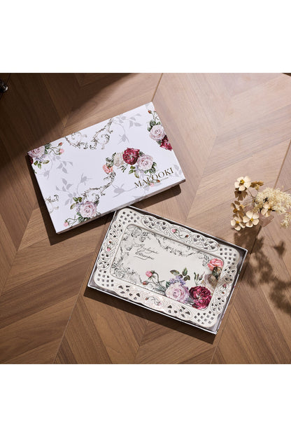 Tavă servire porțelan model floral vintage, margini dantelate decupate, 36 x 23 cm