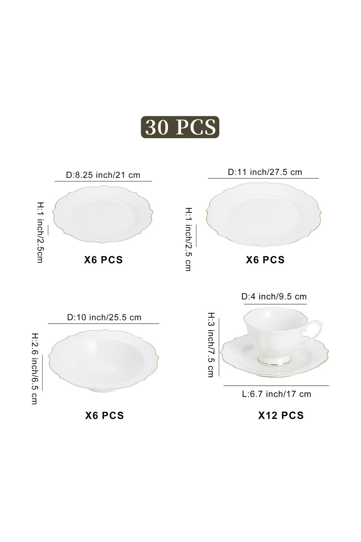 Set masă 30 piese porțelan Dubai, alb cu bordură aurie, 6 persoane