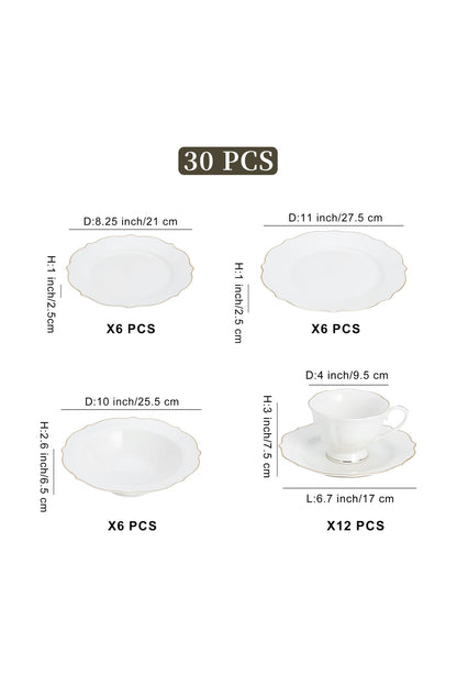 Set masă 30 piese porțelan Dubai, alb cu bordură aurie, 6 persoane