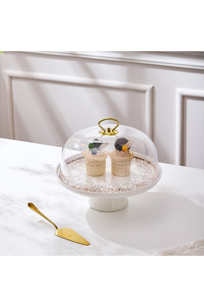 Platou tort din porțelan cu picior și capac transparent, 27.5 cm - Snowing Collection