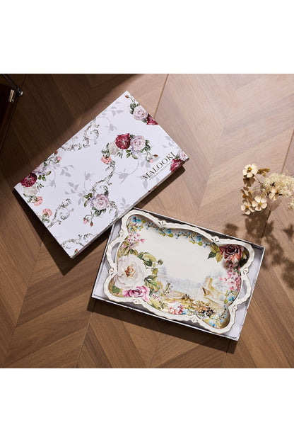 Tavă servire porțelan model floral vintage, mânere integrate, 42 x 27 cm