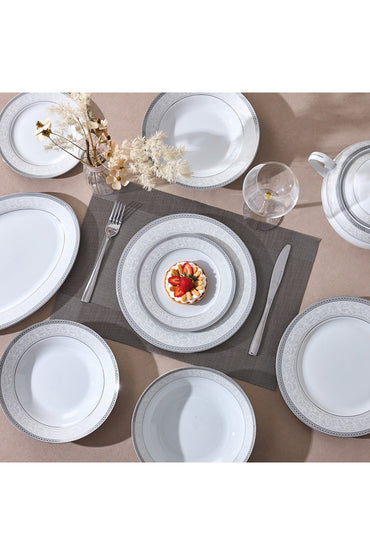 Serviciu de Masă 12 Persoane Royal Medallion din Porțelan 64 Piese Design Floral cu Bordură Arginti