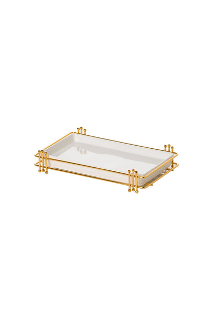 Set platou servire din porțelan cu suport metalic auriu, 32 cm