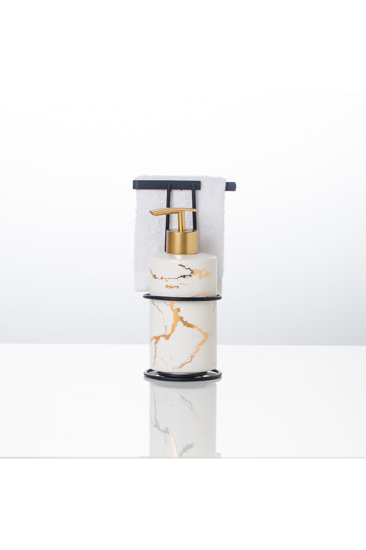 Set dozator sapun Marble din porțelan cu suport și prosop de mana