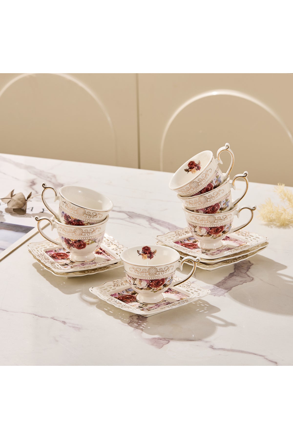 Set 6 cești espresso cu 6 farfurioare porțelan 90 ml – cești cafea model floral elegant