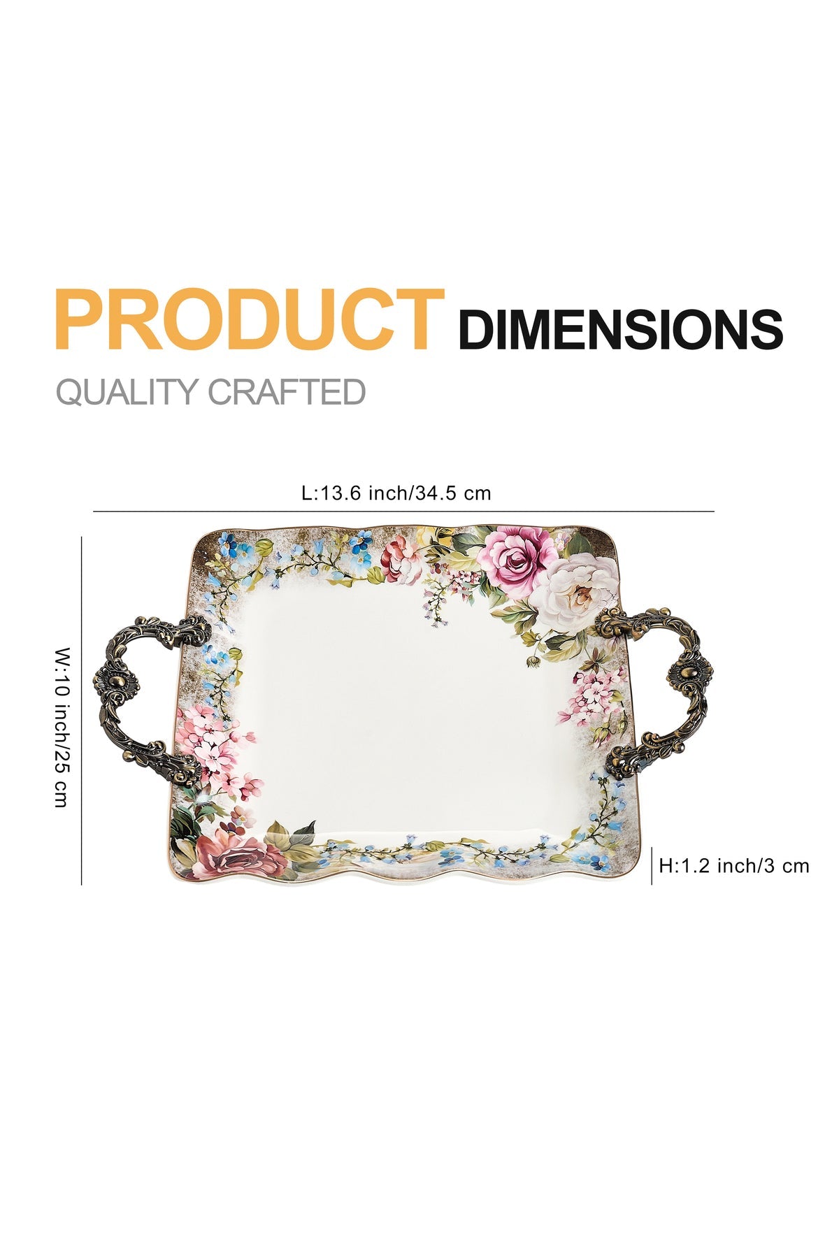 Tavă servire porțelan model floral vintage, mânere metalice bronz, 34.5 cm