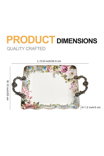 Tavă servire porțelan model floral vintage, mânere metalice bronz, 34.5 cm