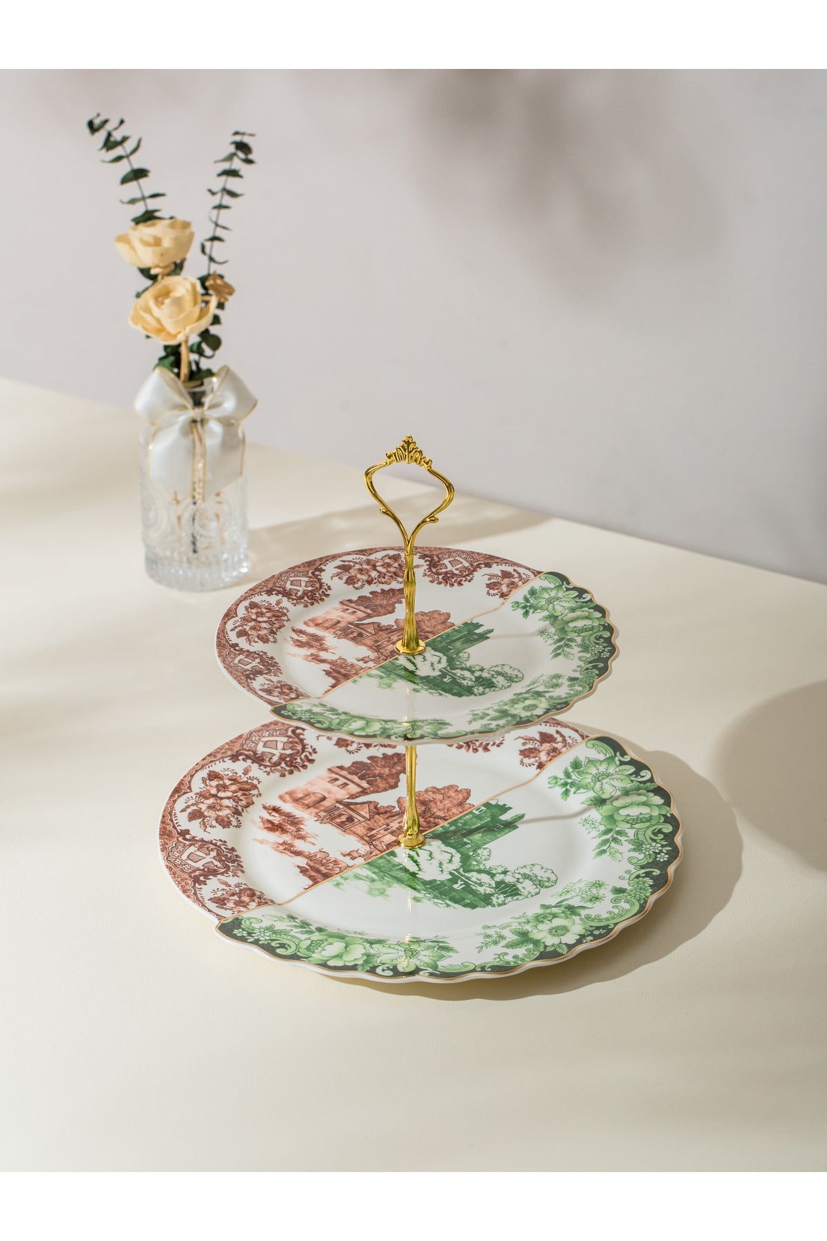 Platou etajat 2 nivele Heritage – porțelan cu peisaj rustic vintage, suport prăjituri și aperitive