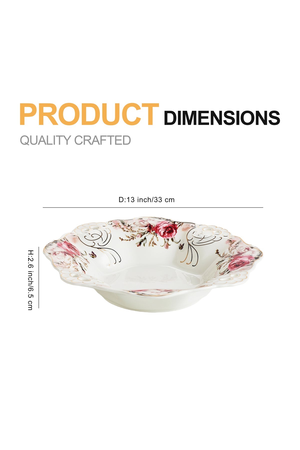 Bol fructieră porțelan model floral vintage, margini dantelate, diametru 33 cm