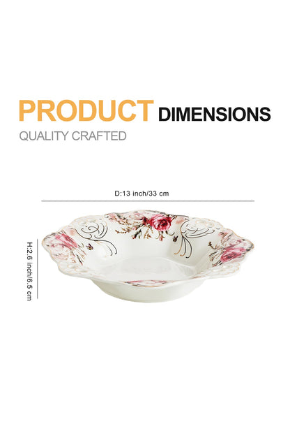 Bol fructieră porțelan model floral vintage, margini dantelate, diametru 33 cm