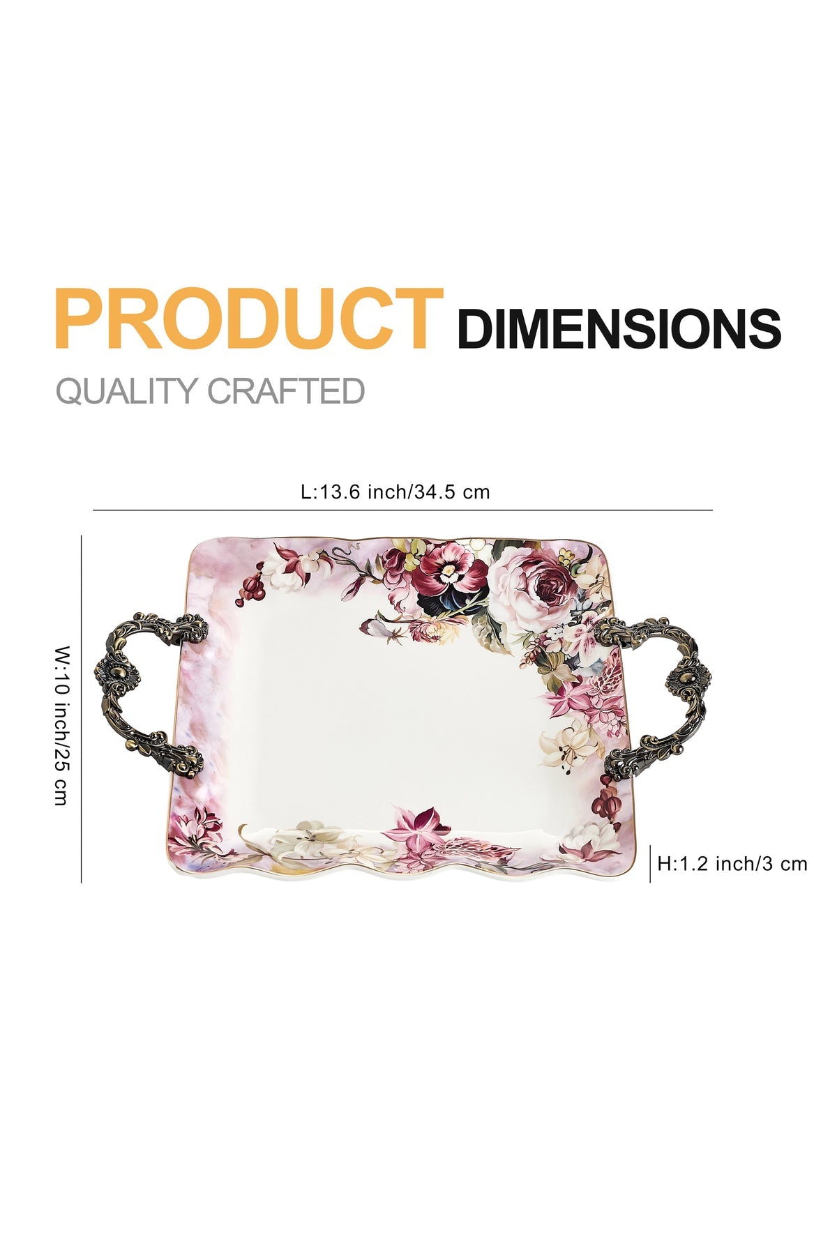 Tavă servire porțelan model floral vintage, mânere metalice bronz, 34.5 cm