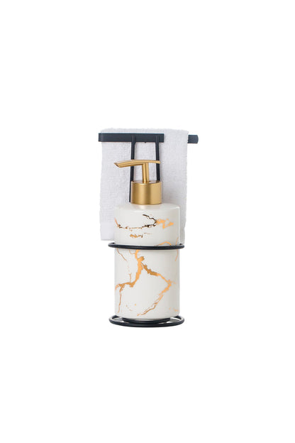 Set dozator sapun Marble din porțelan cu suport și prosop de mana