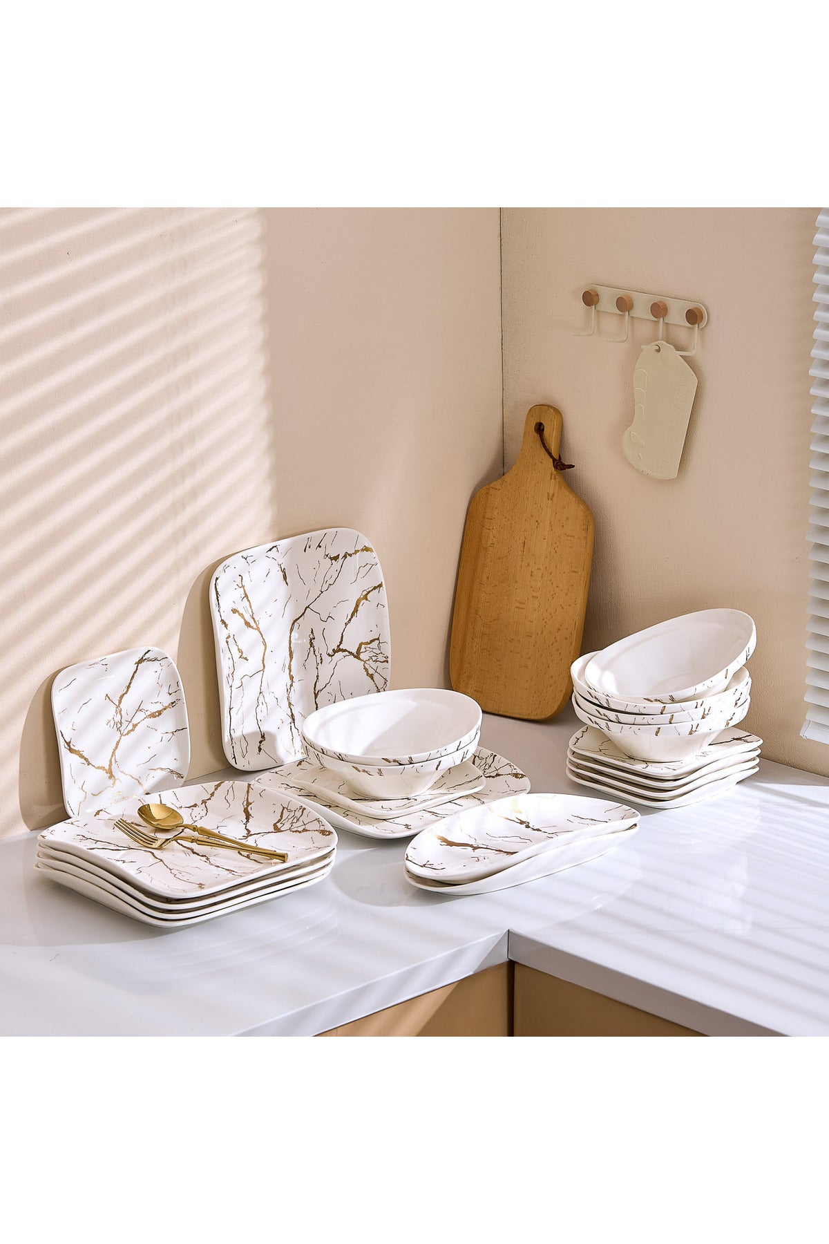 Set Serviciu Masă 20 Piese Pătrat, Portelan Premium, 6 Persoane - Marble Collection