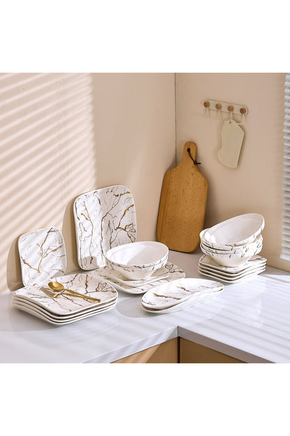 Set Serviciu Masă 20 Piese Pătrat, Portelan Premium, 6 Persoane - Marble Collection