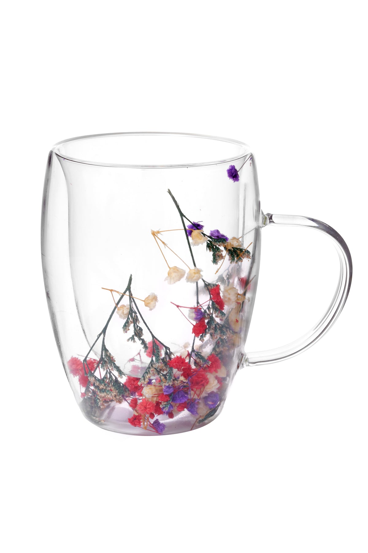 Cană din Sticlă cu Pereți Dubli "Portofina" cu Flori Uscate Multicolore Naturale – 350 ml