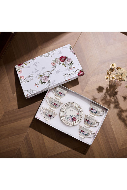 Set 6 cești espresso cu 6 farfurioare rotunde porțelan 90 ml – model floral elegant