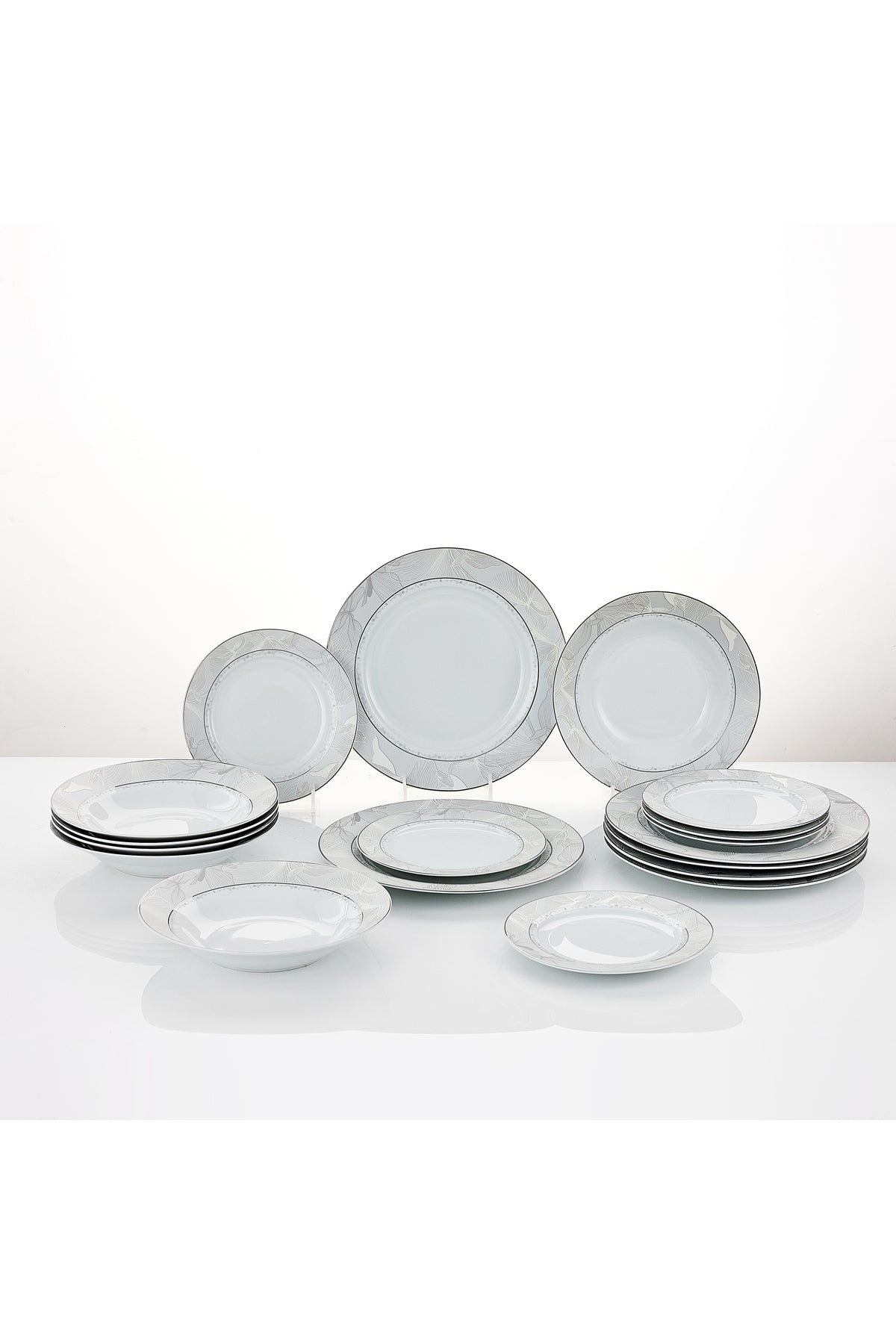 Serviciu de Masă 6 persoane Silver Leaf din Porțelan 18 Piese, Design Floral cu Bordură Argintie