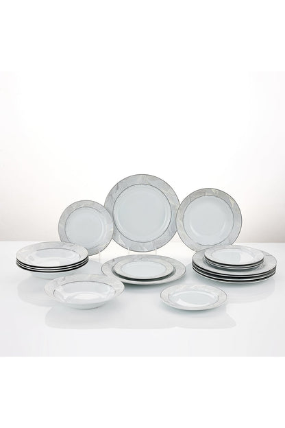 Serviciu de Masă 6 persoane Silver Leaf din Porțelan 18 Piese, Design Floral cu Bordură Argintie