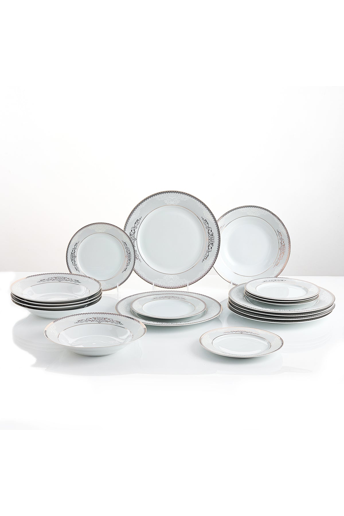 Serviciu de Masă 6 persoane Silver & Gold Filigree din Porțelan, 18 Piese, Design Baroc Bicolor