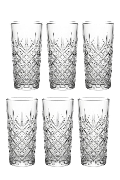 Set 6 pahare highball sticlă Thistle, model gravat vintage, 330ml, transparent