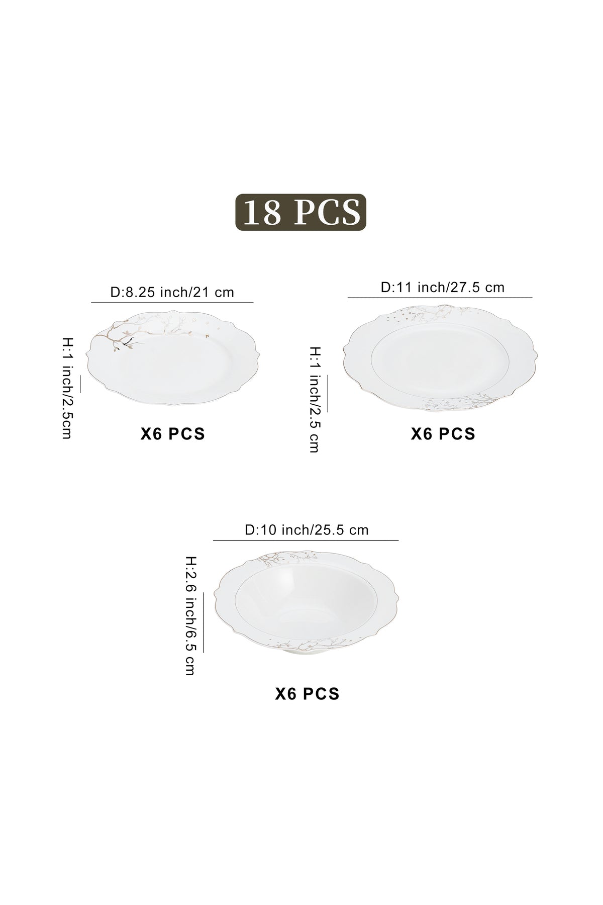 Set masă 18 piese porțelan Lifetree, alb cu ramuri aurii, 6 persoane
