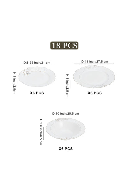 Set masă 18 piese porțelan Lifetree, alb cu ramuri aurii, 6 persoane