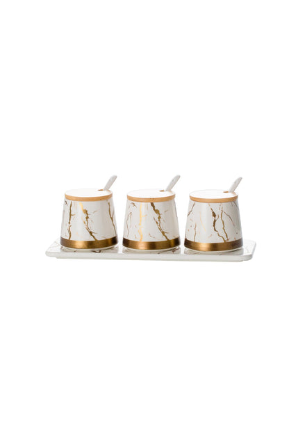 Set 3 Recipiente Condimente din porțelan, Capace Bambus și Tavă suport - Marble Collection