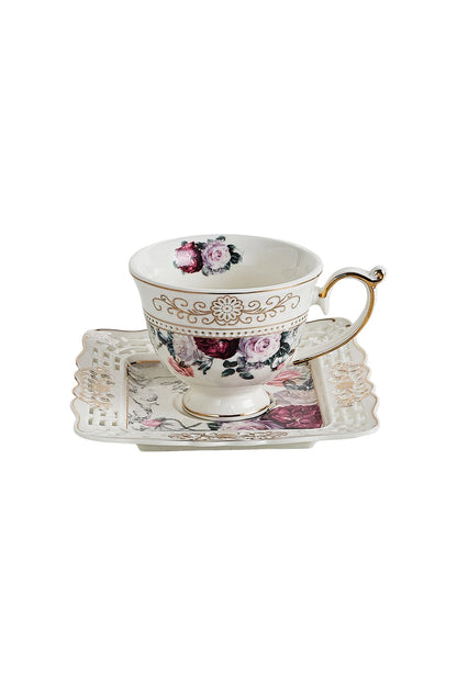 Set 6 cești espresso cu 6 farfurioare porțelan 90 ml – cești cafea model floral elegant