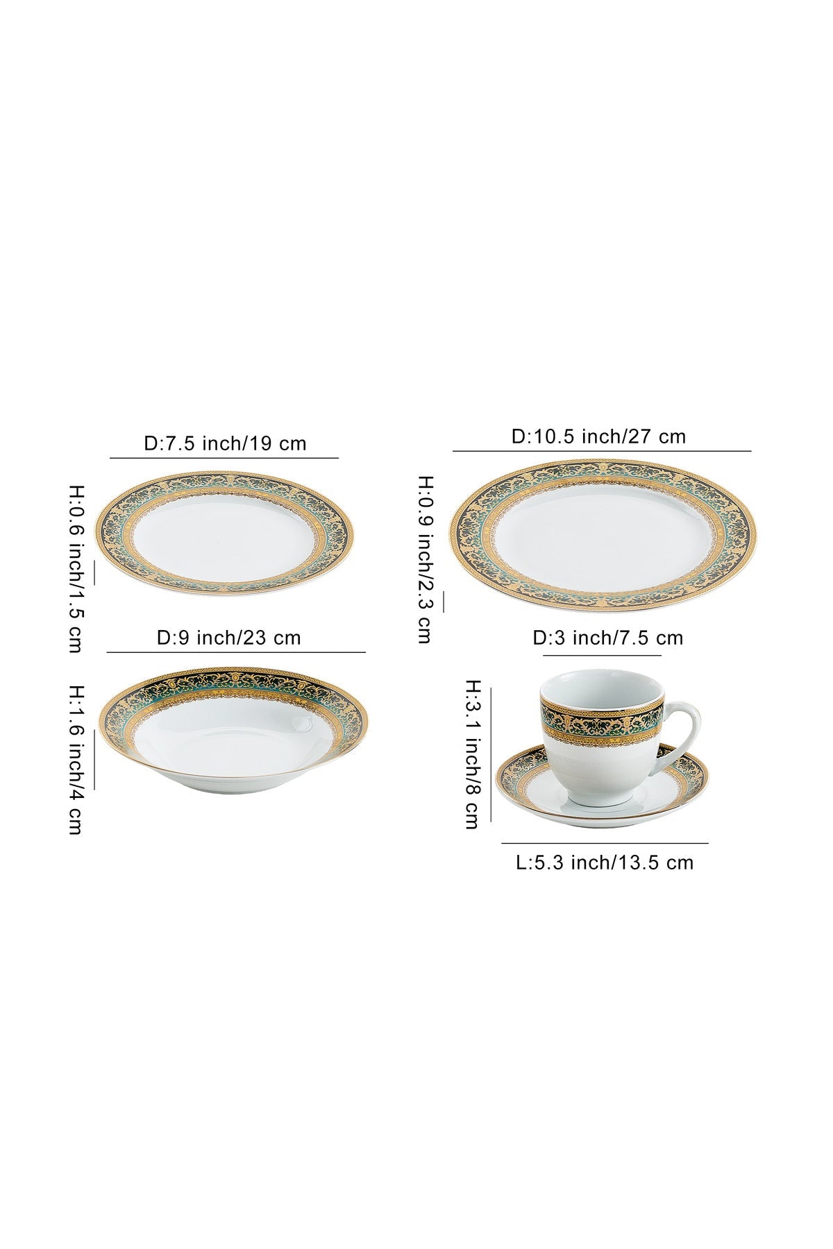 Serviciu de Masă 6 persoane Emerald Royal Gold din Porțelan, 30 piese, Design Baroc Verde cu Aur