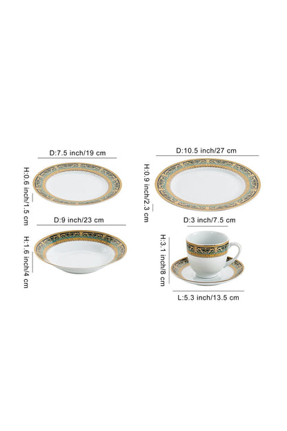 Serviciu de Masă 6 persoane Emerald Royal Gold din Porțelan, 30 piese, Design Baroc Verde cu Aur