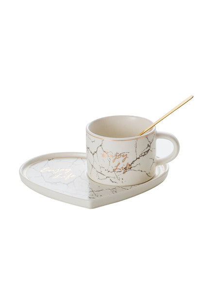 Set de 6 cești cu 6 farfurioare Inimă, porțelan, 200 ml - Alb