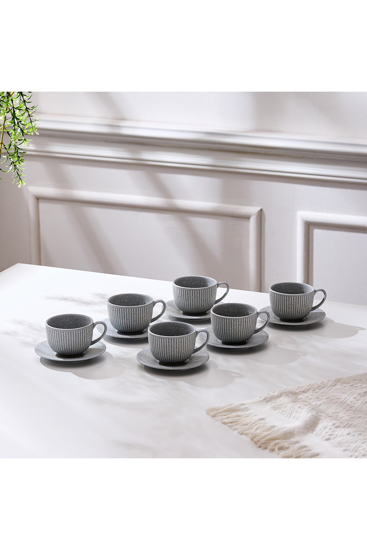 Set de 6 cești cu 6 farfurioare, portelan, 190 ml - gri piatra
