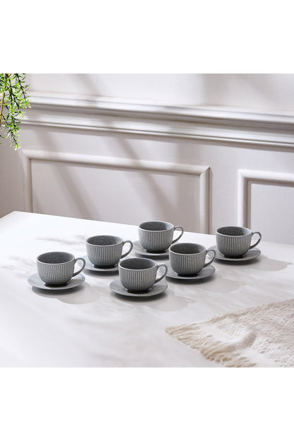 Set de 6 cești cu 6 farfurioare, portelan, 190 ml - gri piatra